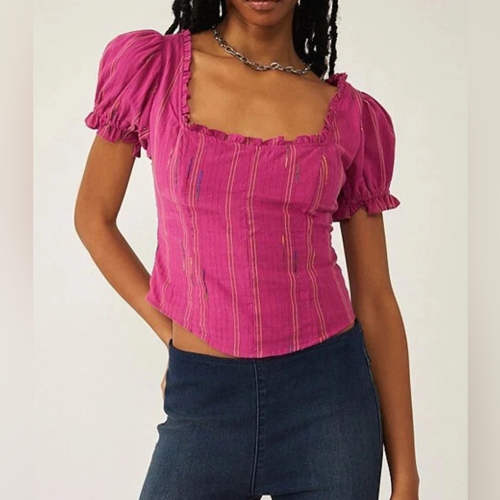 Free People pink embroidered stitched top, medium